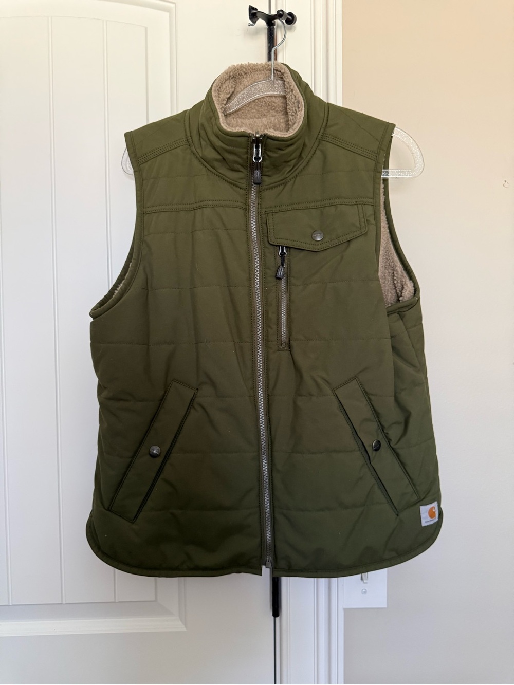 Carhartt Olive Green Quilted Sherpa-Lined Vest Reversible